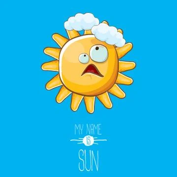 Vector funky cartoon style summer sun character on blue sky background. My name Stockillustratie
