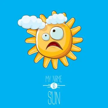 Vector funky cartoon style summer sun character on blue sky background. My name Illustrazione stock