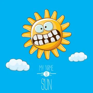 Vector funky cartoon style summer sun character on blue sky background. My name Illustrazione stock