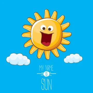 Vector funky cartoon style summer sun character on blue sky background. My name Illustrazione stock
