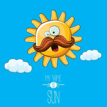 Vector funky cartoon style summer sun character on blue sky background. My name イラスト素材