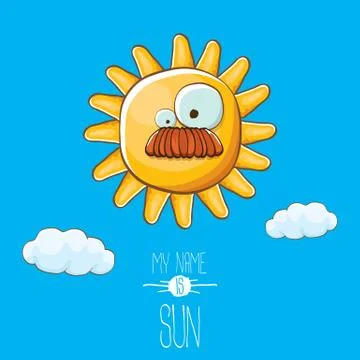Vector funky cartoon style summer sun character on blue sky background. My name Illustrazione stock