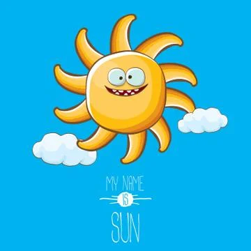 Vector funky cartoon style summer sun character on blue sky background. My name Illustrazione stock