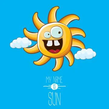 Vector funky cartoon style summer sun character on blue sky background. My name Stock Illustration