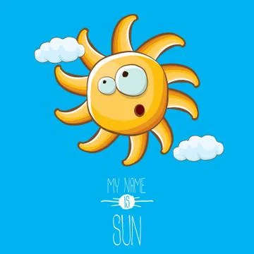 Vector funky cartoon style summer sun character on blue sky background. My name Illustrazione stock