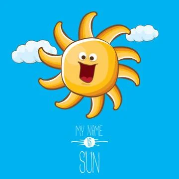 Vector funky cartoon style summer sun character on blue sky background. My name Illustrazione stock
