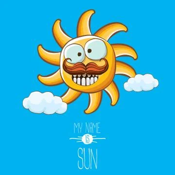 Vector funky cartoon style summer sun character on blue sky background. My name Stock Illustration