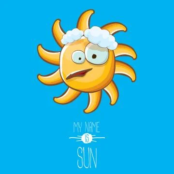 Vector funky cartoon style summer sun character on blue sky background. My name Illustrazione stock