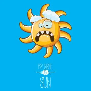 Vector funky cartoon style summer sun character on blue sky background. My name Stockillustratie