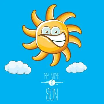 Vector funky cartoon style summer sun character on blue sky background. My name Illustrazione stock