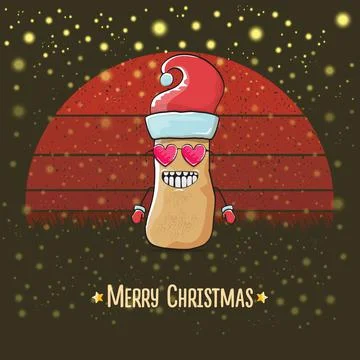 Vector funky comic cartoon cute smiling Santa Claus potato with red Santa hat Stock Illustration
