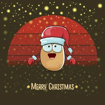 Vector funky comic cartoon cute smiling Santa Claus potato with red Santa hat Stock Illustration