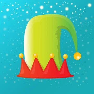 Vector funky red and green stripped cartoon christmas elf hat on azure sky Stock Illustration