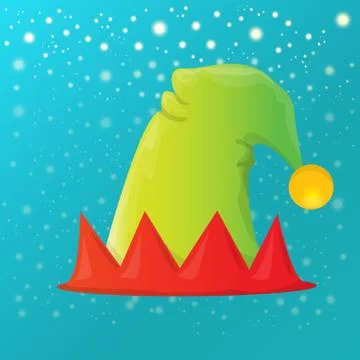 Vector funky red and green stripped cartoon christmas elf hat on azure sky Stock Illustration
