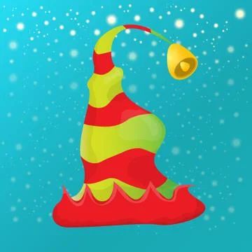 Vector funky red and green stripped cartoon christmas elf hat on azure sky Stock Illustration