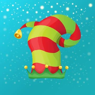Vector funky red and green stripped cartoon christmas elf hat on azure sky 库存插图