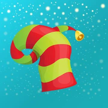 Vector funky red and green stripped cartoon christmas elf hat on azure sky Illustrazione stock