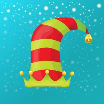 Vector funky red and green stripped cartoon christmas elf hat on azure sky Stock Illustration