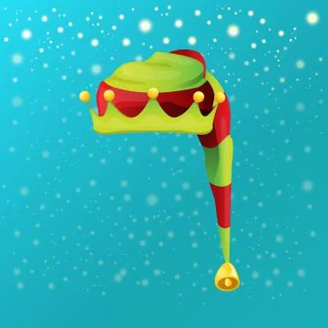 Vector funky red and green stripped cartoon christmas elf hat on azure sky Stock Illustration