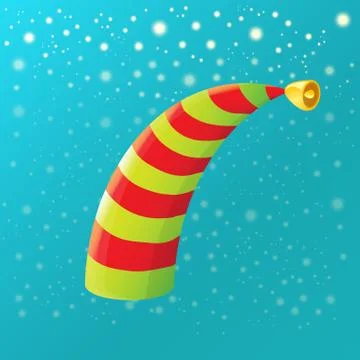 Vector funky red and green stripped cartoon christmas elf hat on azure sky 스톡 일러스트