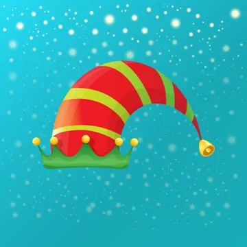 Vector funky red and green stripped cartoon christmas elf hat on azure sky Illustrazione stock