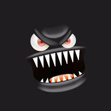 Vector funny angry black monster face with open mouth with fangs and evil eyes 스톡 일러스트
