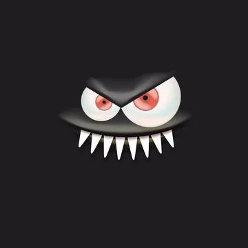 Vector funny angry black monster face with open mouth with fangs and evil eyes Illustrazione stock