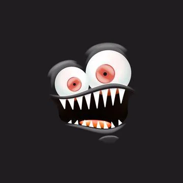Vector funny angry black monster face with open mouth with fangs and evil eyes Stock Illustration