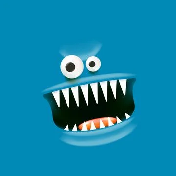 Vector funny angry blue monster face with open mouth with fangs and evil eyes Stock Illustration