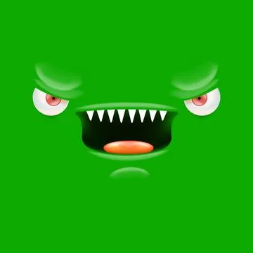 Vector funny angry green monster face with open mouth with fangs and evil eyes Stockillustratie
