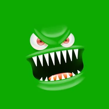 Vector funny angry green monster face with open mouth with fangs and evil eyes Illustrazione stock
