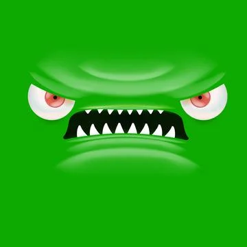 Vector funny angry green monster face with open mouth with fangs and evil eyes Illustrazione stock