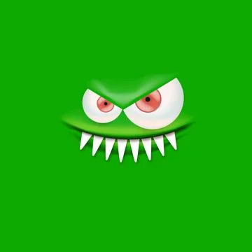 Vector funny angry green monster face with open mouth with fangs and evil eyes Stock Illustration