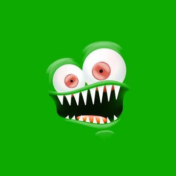 Vector funny angry green monster face with open mouth with fangs and evil eyes Stock Illustration