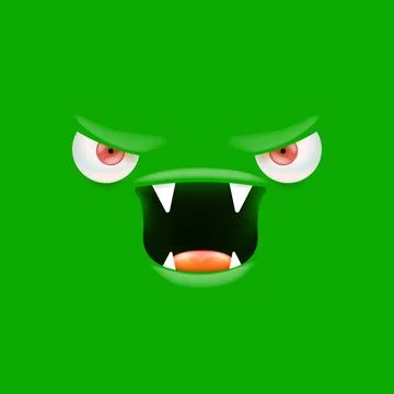 Vector funny angry green monster face with open mouth with fangs and evil eyes Stock Illustration
