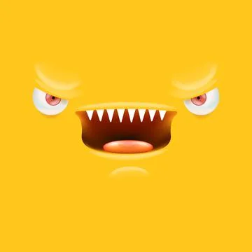 Vector funny angry orange monster face with open mouth with fangs and evil eyes 스톡 일러스트