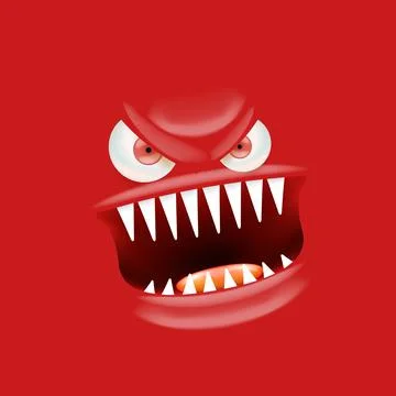Vector funny angry red christmas monster face with open mouth with fangs and Stock Illustration