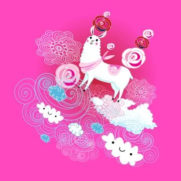Vector funny animals on a white Alpaca with a rose background with clouds Illustrazione stock