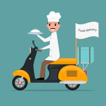 Vector funny cartoon chef cook man scooter food Stock Illustration