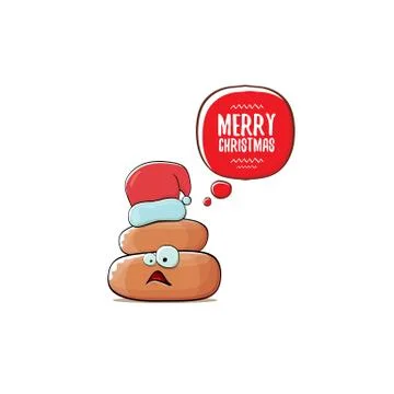 Vector funny cartoon cool cute brown smiling poo icon with santa red hat and 스톡 일러스트