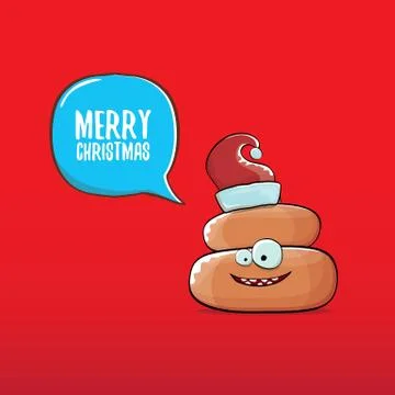 Vector funny cartoon cool cute brown smiling poo icon with santa red hat and 스톡 일러스트
