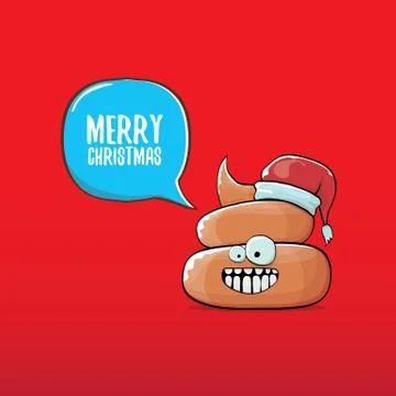 Vector funny cartoon cool cute brown smiling poo icon with santa red hat and Illustrazione stock