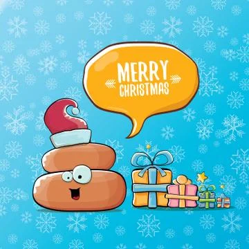 Vector funny cartoon cool cute brown smiling poo icon with santa red hat, gifts Stock Illustration