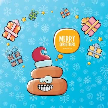 Vector funny cartoon cool cute brown smiling poo icon with santa red hat, gifts Stock Illustration