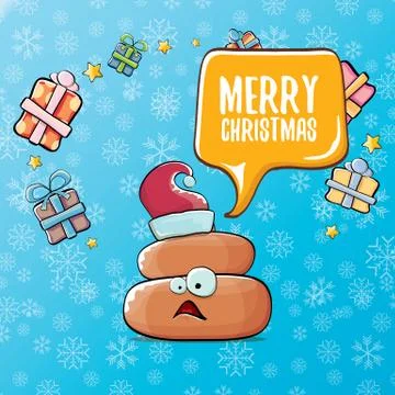 Vector funny cartoon cool cute brown smiling poo icon with santa red hat, gifts 스톡 일러스트