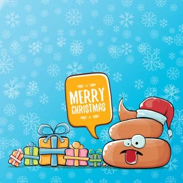 Vector funny cartoon cool cute brown smiling poo icon with santa red hat, gifts Stock Illustration