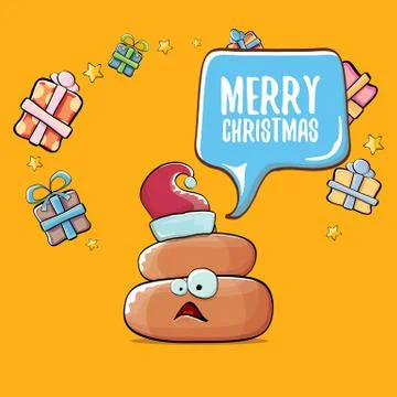 Vector funny cartoon cool cute brown smiling poo icon with santa with red hat Stock Illustration
