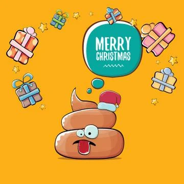 Vector funny cartoon cool cute brown smiling poo icon with santa with red hat 스톡 일러스트