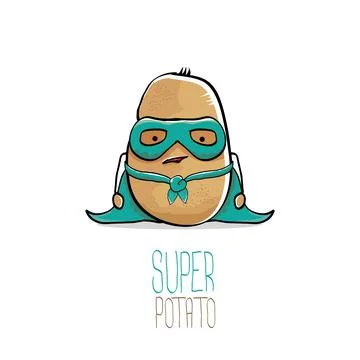 Vector funny cartoon cute brown super hero potato with green hero cape and hero Stock Illustration
