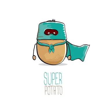 Vector funny cartoon cute brown super hero potato with green hero cape and hero Stock Illustration